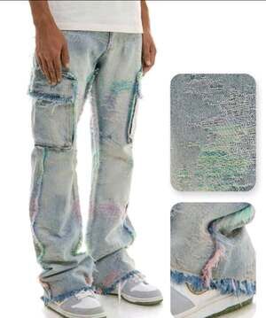 NWT KDNK Men’s Distressed Cargo Flare Jeans 100% Cotton Multicolor Size 30